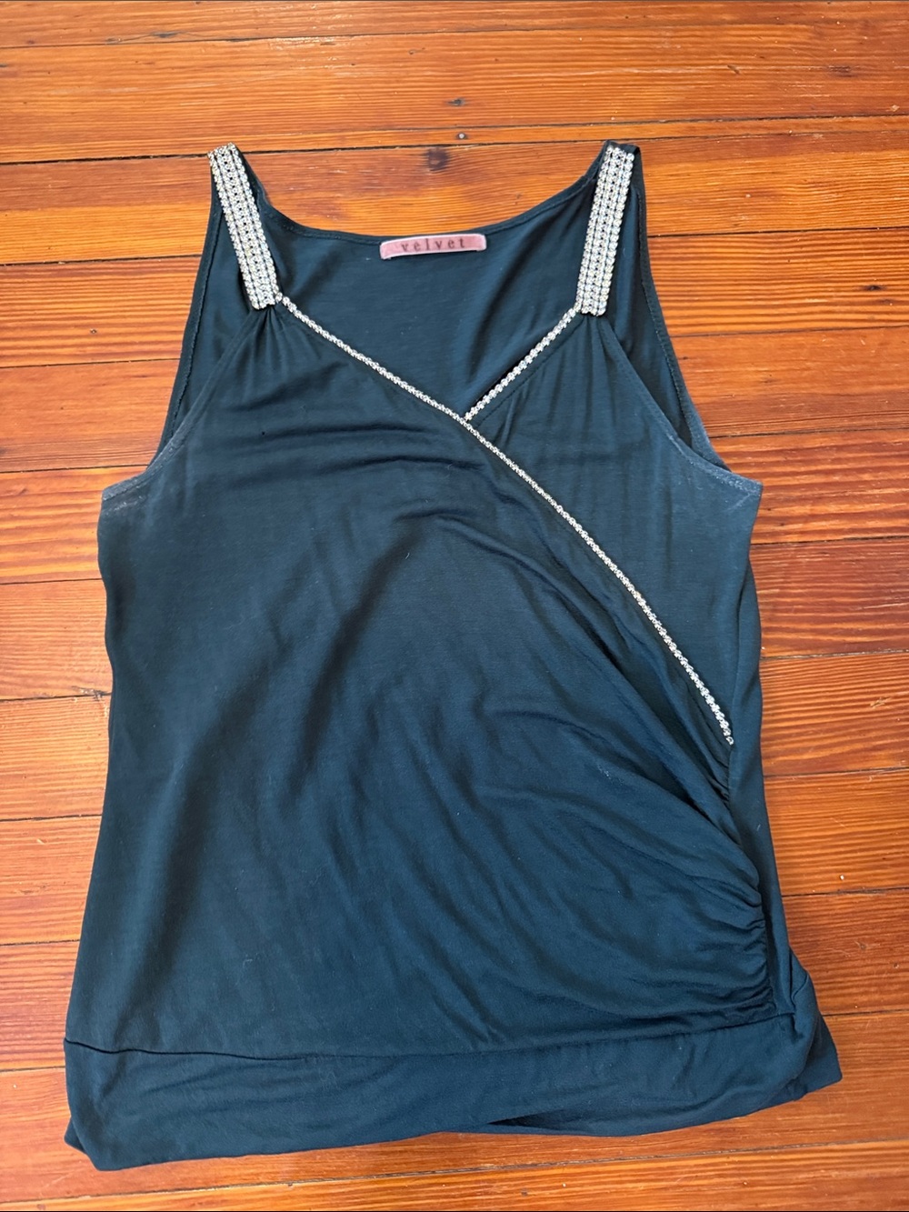 Velvet Green Tank with Rhinestone Straps and Trim Size Small